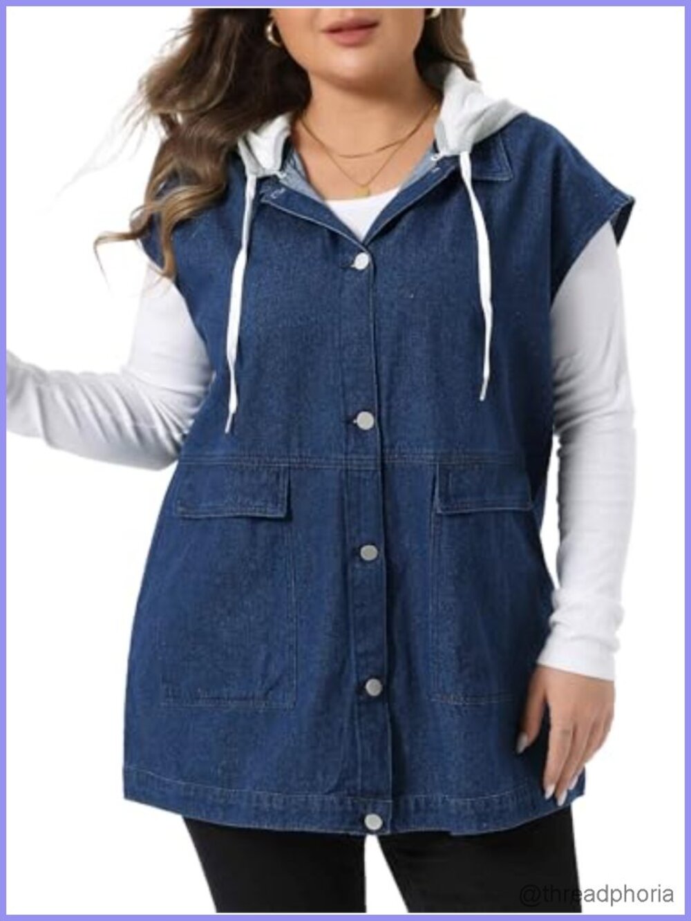 Plus Size Denim Vest Sleeveless Drawstring Hood Casual Long Jean Jacket